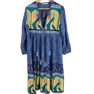 R. Vioimos Blue Tassles Flowy Dress Size Medium NEW Boho Artsy